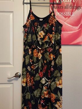 Plus Size Floral Spaghetti-Strap Midi Dress Black Orange Green Floral sz XXL